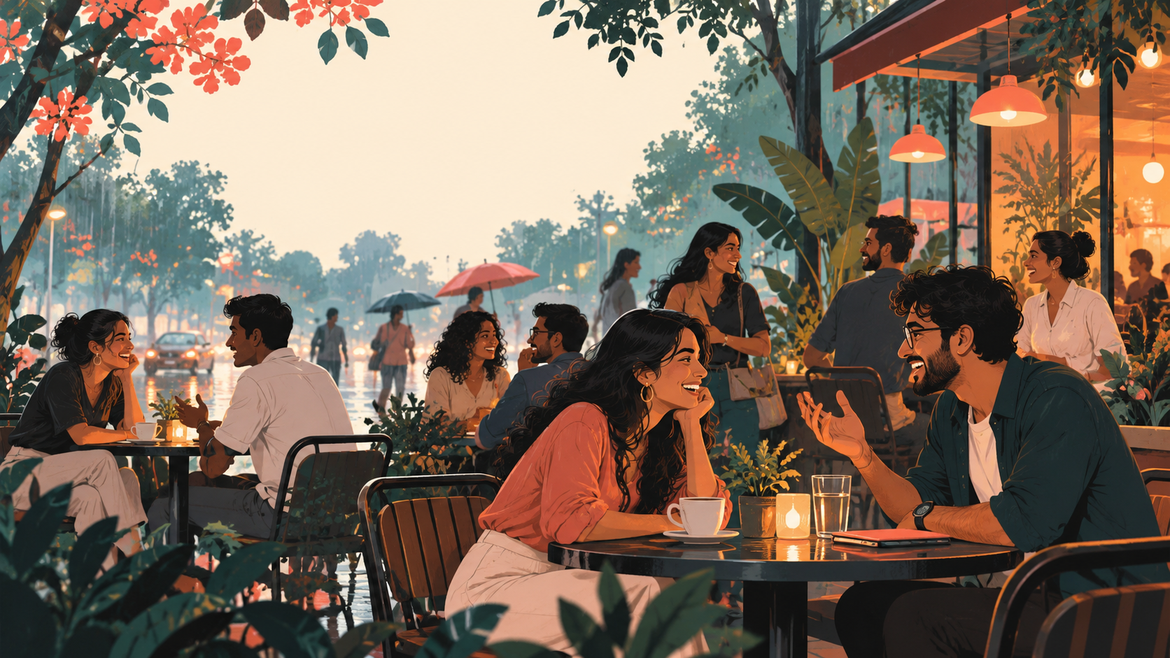 People meeting and talking at a Bengaluru cafe on a rainy evening